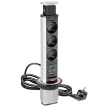 GTV-AE-BPW3S60U-80 Elosztó 3x230V, 2xUSB IP20 ezüst műanyag asztalba süllyesztett 60mm keskeny