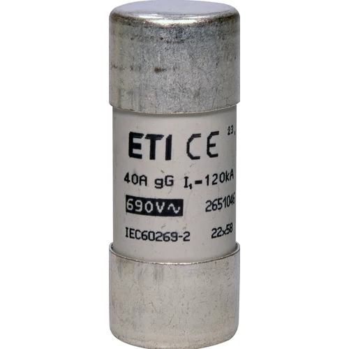 ETI 002651046 BIZTOSÍTÉK 22x58 40A Biztosító betét 690V gG hengeres ETI 002651046 BIZTOSÍTÉK 22x58 40A Biztosító betét 690V gG hengeres