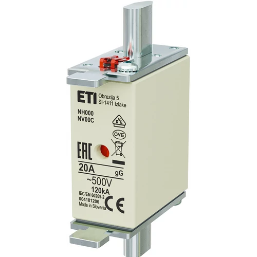 ETI 004181206 BIZTOSÍTÉK NH00/000 20A Biztosító betét NV/NH00 C gL-gG KOMBI 500V késes ETI 004181206 BIZTOSÍTÉK NH00/000 20A Biztosító betét NV/NH00 C gL-gG KOMBI 500V késes