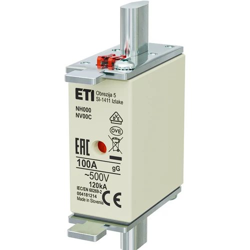 ETI 004181214 BIZTOSÍTÉK NH00/000 100A Biztosító betét NV/NH00 C gL-gG KOMBI 500V késes