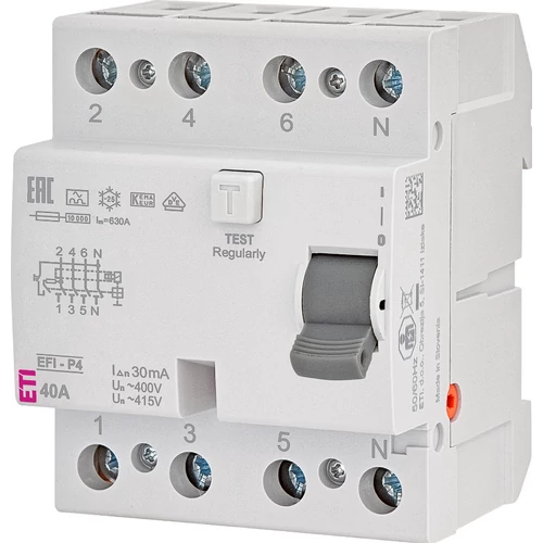 ETI 2061512 EFI-P4 A 40A 30mA Áram-védőkapcsoló, 4p, váltó és pulzáló hibaáramot érzékelő, azonnali kioldású	 ETI 2061512 EFI-P4 A 40A 30mA Áram-védőkapcsoló, 4p, váltó és pulzáló hibaáramot érzékelő, azonnali kioldású