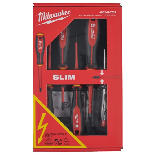 MILWAUKEE 4932478737 VDE Csavarhúzó 3 oldalú markolattal  5 darabos készlet (SL3, SL4, PZ1,  PZ2, Teszter)