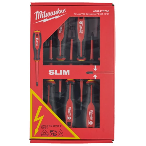 MILWAUKEE 4932478738 VDE Csavarhúzó 3 oldalú markolattal  7 darabos készlet (SL2,5, SL3, SL4, PH2, PZ1, PZ2 Teszter) MILWAUKEE 4932478738 VDE Csavarhúzó 3 oldalú markolattal  7 darabos készlet (SL2,5, SL3, SL4, PH2, PZ1, PZ2 Teszter)