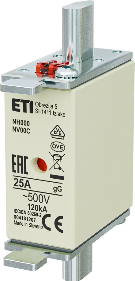 ETI 004181207 BIZTOSÍTÉK NH00/000 25A Biztosító betét B38NV/NH00 C gL-gG KOMBI 500V késes