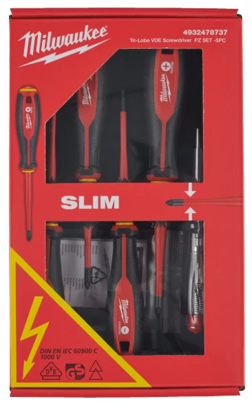 MILWAUKEE 4932478737 VDE Csavarhúzó 3 oldalú markolattal  5 darabos készlet (SL3, SL4, PZ1,  PZ2, Teszter)