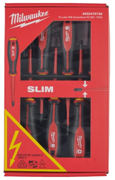 MILWAUKEE 4932478738 VDE Csavarhúzó 3 oldalú markolattal  7 darabos készlet (SL2,5, SL3, SL4, PH2, PZ1, PZ2 Teszter)