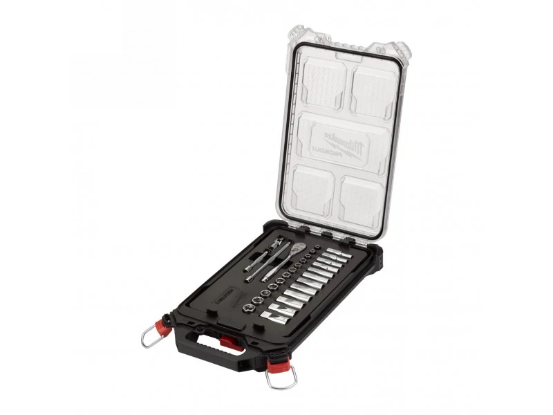 MILWAUKEE 4932478812 PACKOUT™ 1/4˝racsnis dugókulcs készlet metrikus, 28 részes keskeny rendszerezőben