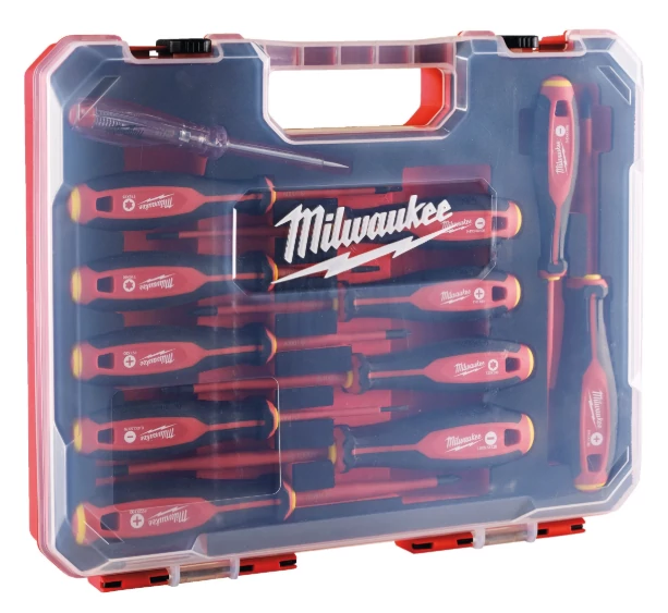 MILWAUKEE 4932479095 VDE Csavarhúzó 3 oldalú markolattal  12 darabos készlet (SL2.5 / SL3 / SL4 / SL5.5 / PH1 / PH2 / PZ1 / PZ2 / T10 / T15 / T20)